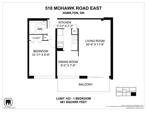 Floor plan for 1 bed, 1 bath, 684 sqft